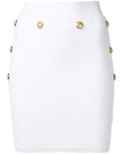Balmain Button-embellished Ribbed Stretch-knit Mini Skirt - Metallic