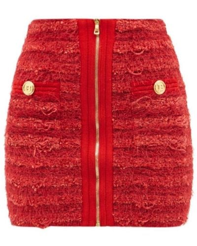 Balmain Zipped Tweed Mini Skirt - Red