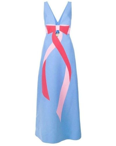 Gucci Floor-length Bow Detail With V Neck Gown - Blue