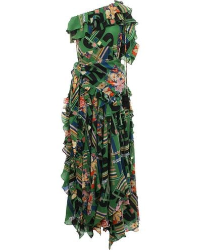 Gucci Green Floral Check-print Ruffled Silk Gown