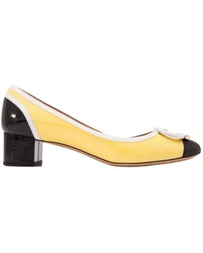 Ferragamo Patent Leather Gwen Block Heel Pumps - Yellow