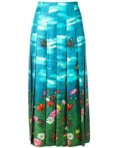 Gucci Vita Garden Pleated Silk Skirt It 36 (us 0) - Blue