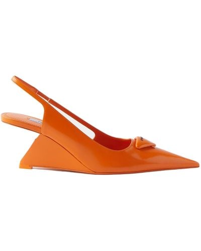 Prada Triangle-logo Leather Slingback Wedge Court Shoes - Orange