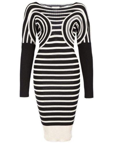 Jean Paul Gaultier Mixed Wool Striped Optical Illusion Dress - Blue