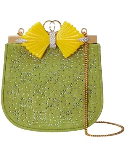Gucci GG Moire Fabric Handbag With Bow And Crystals - Yellow