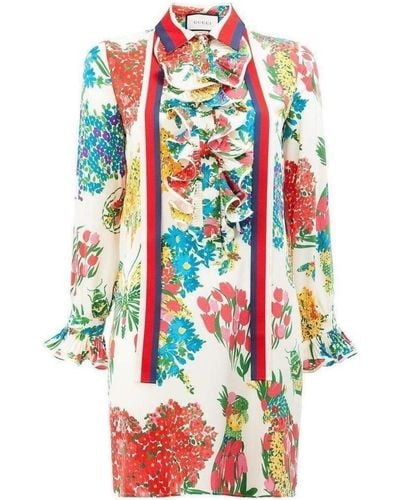 Gucci Floral Print Ruffle Trim Shirt Dress - Multicolor