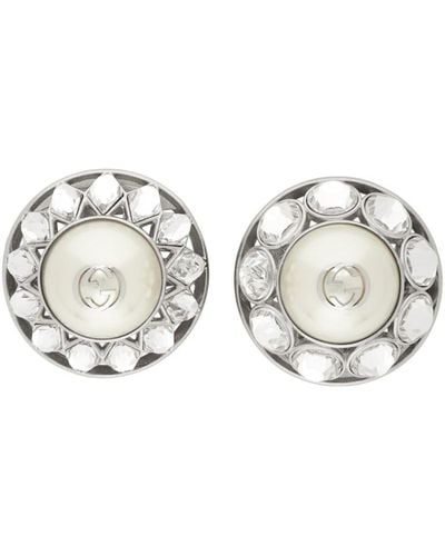 Gucci Silver Crystal & Pearl Interlocking G Earrings - Metallic