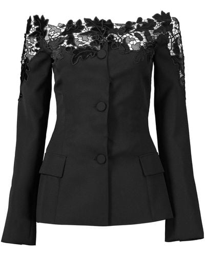 Oscar de la Renta Off-shoulder Velvet Guipure Lace Blazer - Black