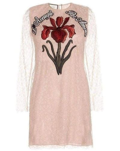 Gucci Nude Lace Embroidered Dress - Natural