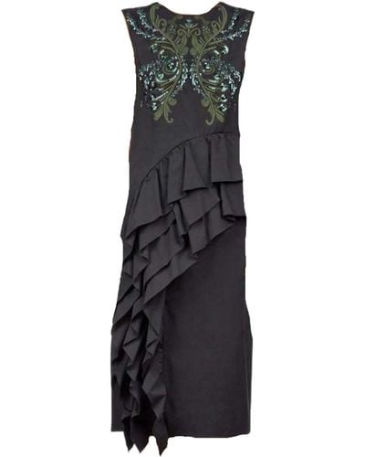 Dries Van Noten Sequinned Asymmetric Ruffle Cotton Dress Fr 38 (us 8) - Black