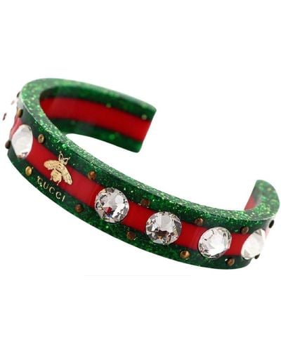 Gucci Vintage Web Cuff Bracelet With Crystals - Green