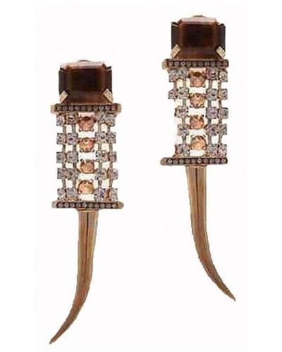 Iosselliani Brass Rhinestone Tiger Eye Clip On Earrings - Metallic