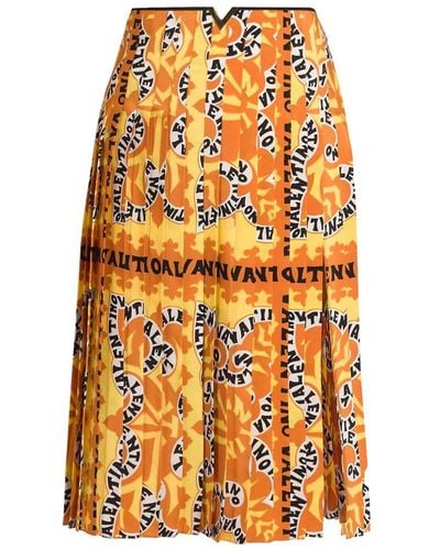 Valentino Pleated Logo Print Silk Midi Skirt - Orange