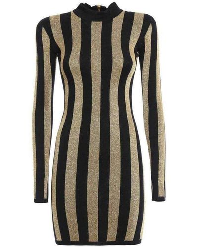 Balmain Lurex Gold Black Striped Pattern Mini Dress - Metallic