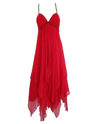 BCBGMAXAZRIA New Red Silk Asymmetrical Embellished Dress