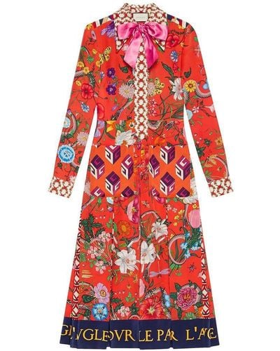 Gucci Patchwork Print Silk Dress - Red