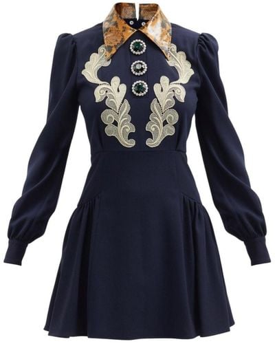 Alessandra Rich Wool Crepe Mini Dress With Python Print Collar - Blue
