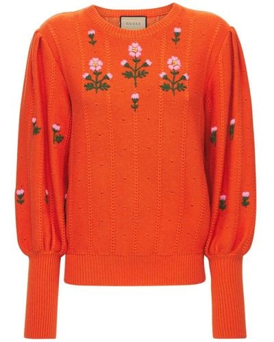 Gucci Floral Embroidered Wool Blend Sweater - Orange