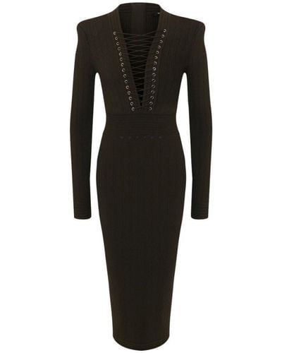 Balmain Lace-up Long Sleeve Midi Sweater Dress - Black