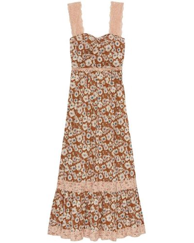 Gucci Floral-print Lace-trimmed Twill Dress - Natural