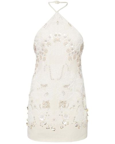 Valentino Floral Sequin Beaded Halter Mini Dress - White