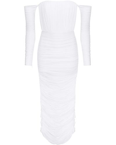 Alex Perry Sterling Ruched Mesh Midi Dress - White
