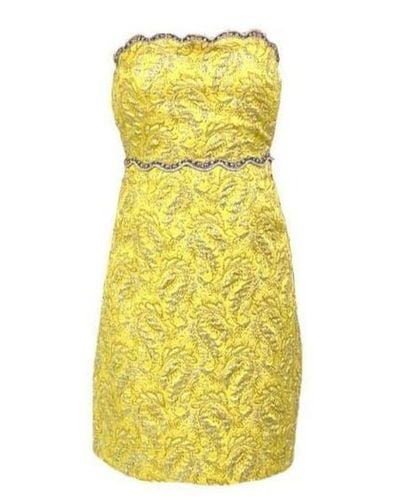 Gucci Embellished Metallic Brocade Lurex Bustier Dress - Yellow