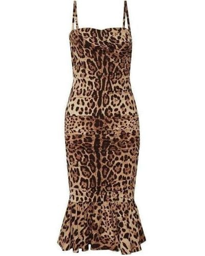 Dolce & Gabbana Ruched Leopard Print Silk Cady Midi Dress - Brown