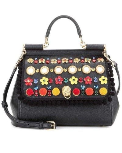 Dolce & Gabbana Sicily In Raffia Shoulder Leather Bag Us - Black
