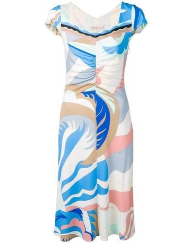 Emilio Pucci Acapulco Print Gathered Silk Blend Dress It 38 (us - Blue