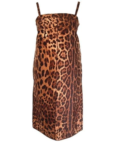 Dolce & Gabbana Leopard Printed Silk Dress - Brown