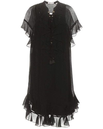 Chloé Cotton Crepon Gauze Ruffle Dress - Black
