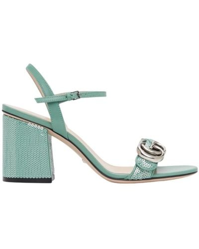 Gucci Green Sequin GG Marmont Mid Heeled Sandals