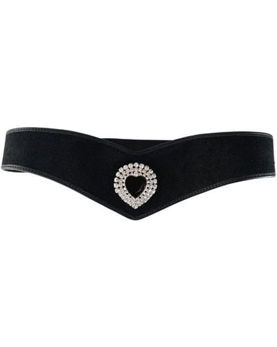 Alessandra Rich Black Leather And Velvet Crystal Heart Belt