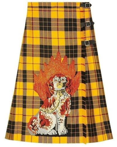Gucci Embroidered Tartan Wool Skirt It 40 (us 4) - Yellow