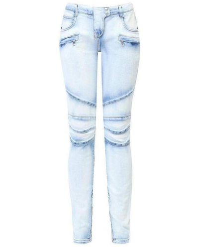 Balmain Washed Stretched Cotton Biker Jeans - Blue