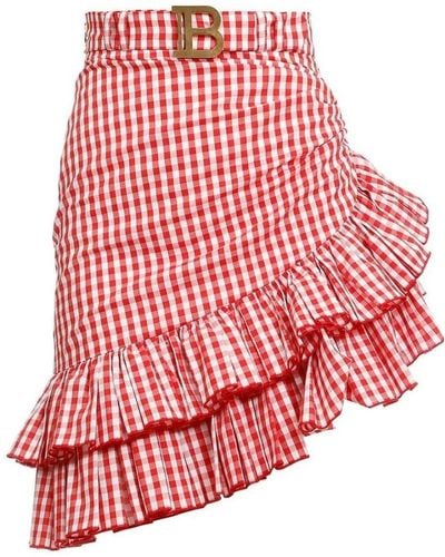 Balmain Belted Ruffled Plaid Mini Skirt - Red