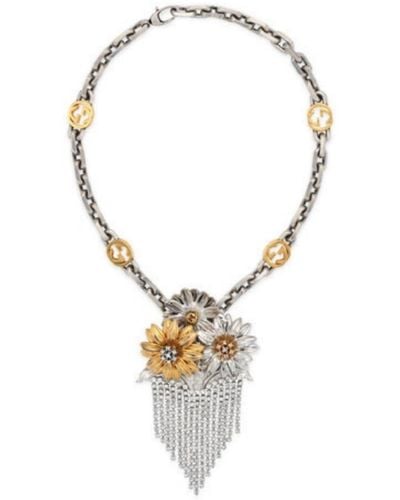 Gucci Floral Crystals Fringe Necklace - Metallic