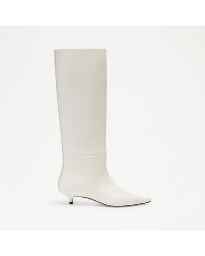 Russell & Bromley Leather Sleek Kitten Heel Pull On Tube Boots - White
