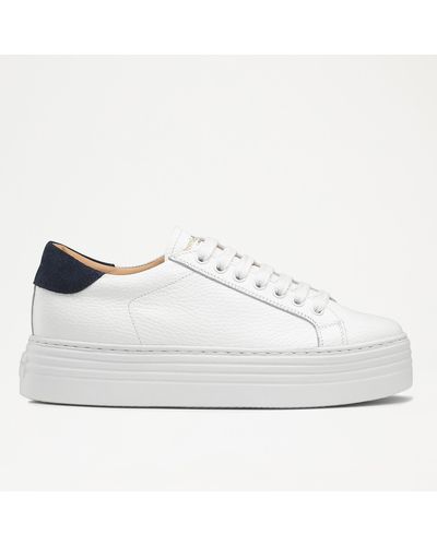 Russell & Bromley Women's White And Blue Calf Leather Saturn Flatform Trainers, Size: Uk 9