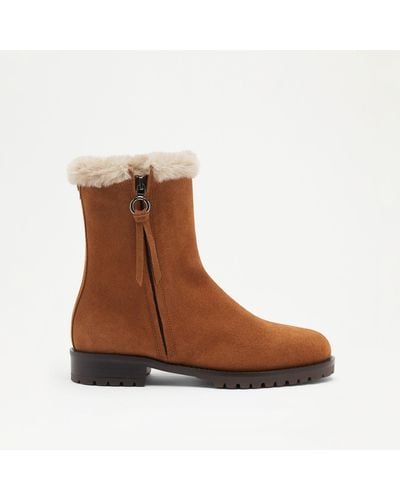 Russell & Bromley Lake Women's Tan Brown Suede Side-zip Faux Shearling Lined Boots