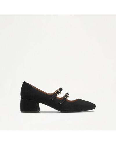 Russell & Bromley Jane Women's Low Block Heel Round Toe Mary Jane Shoes, Black, Suede