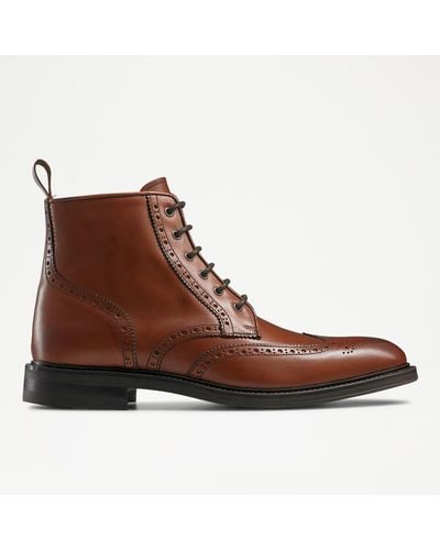 Russell & Bromley Shellbourne Mens Brogue Round Toe Lace Up Ankle Boots, Brown, Calf Leather