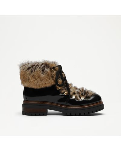 Russell & Bromley Alpine Women's Black Calf Leather Faux Fur Boots - Brown