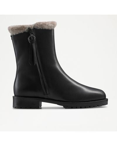 Russell & Bromley Lake Women's Side Zip Round Toe Faux Shearling Lined Boots, Black, Calf Leather