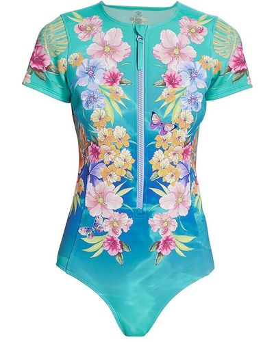 Johnny Was Short-sleeve Zip-front One-piece Swimsuit - Blue