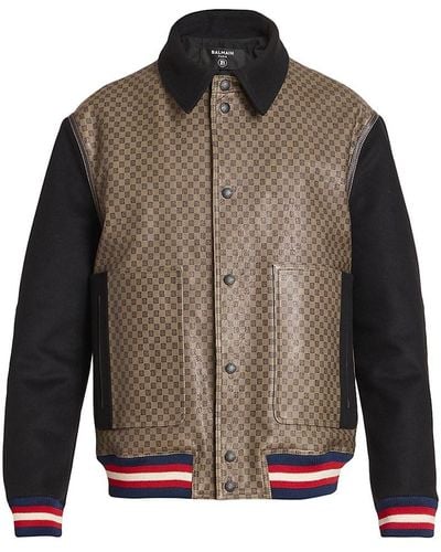 Balmain Monogram Leather Jacket in Brown for Men