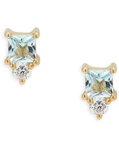 EF Collection 14k Yellow Gold, Aquamarine & Diamond Mini Stud Earrings - Metallic