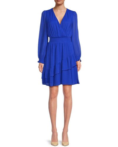 DKNY Smocked V Neck Mini Dress - Blue