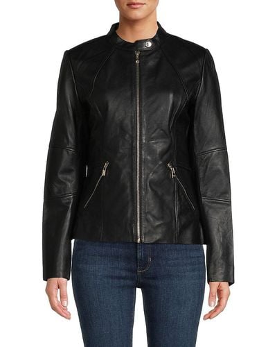Karl Lagerfeld Mandarin Leather Motorcycle Jacket - Black